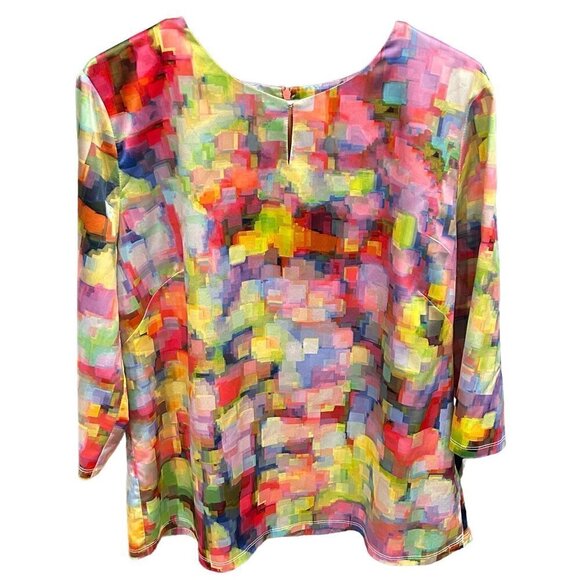 JOEFFER CAOC Womens Blouse Size L Multi-Color Abstract Tunic 3/4 Slv #HB - Picture 2 of 6
